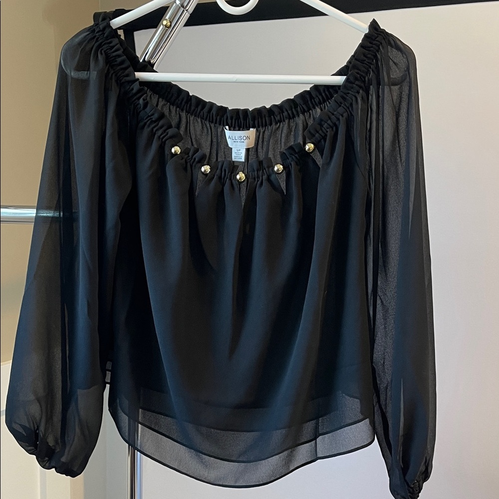 NWT Allison New York Sarah Black Off Shoulder Sheer Sleeve Blouse Small